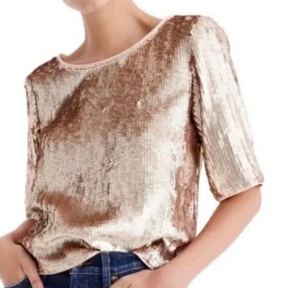 J. CREW | Bianca Rose Gold Sequined Top Black ribbon Bow Back Blouse  | Size 8 - Picture 3 of 9